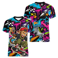Skateboarding Monkey Women V-Neck T-Shirt Neon Graffiti Spray Paint Urban Streetwear Art