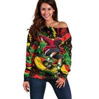 Skateboarder Spray Painter Off Shoulder Sweater Rasta Colors Graffiti Streetwear Pop Art Graphic