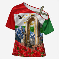 Tajikistan National Pride Cross Shoulder Shirt Ismoil Somoni Monument Marco Polo Sheep Flag