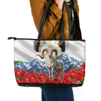 Tajikistan National Pride Leather Tote Bag Ismoil Somoni Monument Marco Polo Sheep Flag