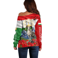 Tajikistan National Pride Off Shoulder Sweater Ismoil Somoni Monument Marco Polo Sheep Flag