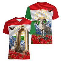 Tajikistan National Pride Women V-Neck T-Shirt Ismoil Somoni Monument Marco Polo Sheep Flag