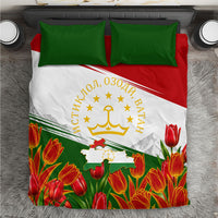 Tajikistan Independence Day Bedding Set Ismoil Somoni Monument Flag Map Red Tulips