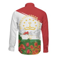 Tajikistan Independence Day Long Sleeve Button Shirt Ismoil Somoni Monument Flag Map Red Tulips