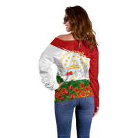 Tajikistan Independence Day Off Shoulder Sweater Ismoil Somoni Monument Flag Map Red Tulips