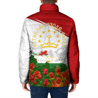 Tajikistan Independence Day Padded Jacket Ismoil Somoni Monument Flag Map Red Tulips