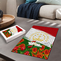 Tajikistan Independence Day Puzzle Ismoil Somoni Monument Flag Map Red Tulips