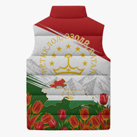 Tajikistan Independence Day Sleeveless Puffer Jacket Ismoil Somoni Monument Flag Map Red Tulips