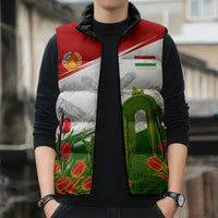 Tajikistan Independence Day Sleeveless Puffer Jacket Ismoil Somoni Monument Flag Map Red Tulips