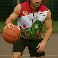 Tajikistan Independence Day Sleeveless Zip Hoodie Ismoil Somoni Monument Flag Map Red Tulips