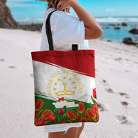 Tajikistan Independence Day Tote Bag Ismoil Somoni Monument Flag Map Red Tulips