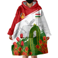 Tajikistan Independence Day Wearable Blanket Hoodie Ismoil Somoni Monument Flag Map Red Tulips