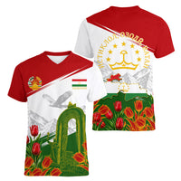 Tajikistan Independence Day Women V-Neck T-Shirt Ismoil Somoni Monument Flag Map Red Tulips