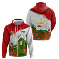 Tajikistan Independence Day Zip Hoodie Ismoil Somoni Monument Flag Map Red Tulips