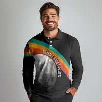Never Forget Pluto 1930-2006 Long Sleeve Polo Shirt Vintage Retro Rainbow Planet Outer Space Astronomy Graphic Art