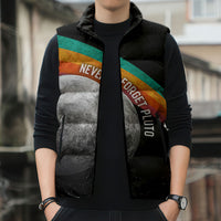Never Forget Pluto 1930-2006 Sleeveless Puffer Jacket Vintage Retro Rainbow Planet Outer Space Astronomy Graphic Art