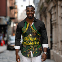 Personalized Jamaica Kingsmen Long Sleeve Button Shirt Caribbean Cricket Royal Warrior King Mascot