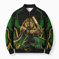 Personalized Jamaica Cricket Lion Mascot Bomber Puffer Jacket Kingsmen Royal King Batsman Sport