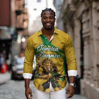 Personalized Jamaica Kingsmen Cricket Lion Long Sleeve Button Shirt Royal King Batsman Sports Graphic Art