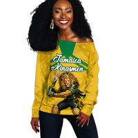 Personalized Jamaica Kingsmen Cricket Lion Off Shoulder Sweater Royal King Batsman Sports Graphic Art