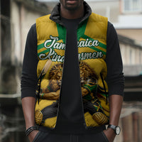 Personalized Jamaica Kingsmen Cricket Lion Sleeveless Puffer Jacket Royal King Batsman Sports Graphic Art