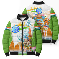 India Independence Day Bomber Puffer Jacket Indian Landmark Peacock Mandala Cultural Heritage