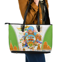 India Independence Day Leather Tote Bag Indian Landmark Peacock Mandala Cultural Heritage