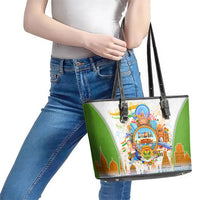 India Independence Day Leather Tote Bag Indian Landmark Peacock Mandala Cultural Heritage