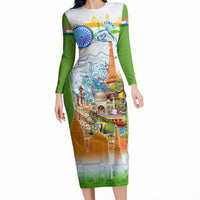 India Independence Day Long Sleeve Bodycon Dress Indian Landmark Peacock Mandala Cultural Heritage