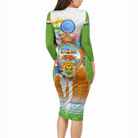 India Independence Day Long Sleeve Bodycon Dress Indian Landmark Peacock Mandala Cultural Heritage