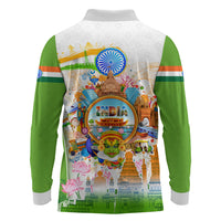 India Independence Day Long Sleeve Polo Shirt Indian Landmark Peacock Mandala Cultural Heritage
