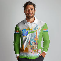 India Independence Day Long Sleeve Polo Shirt Indian Landmark Peacock Mandala Cultural Heritage
