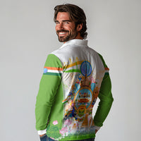 India Independence Day Long Sleeve Polo Shirt Indian Landmark Peacock Mandala Cultural Heritage