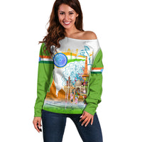 India Independence Day Off Shoulder Sweater Indian Landmark Peacock Mandala Cultural Heritage