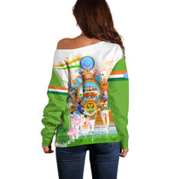 India Independence Day Off Shoulder Sweater Indian Landmark Peacock Mandala Cultural Heritage