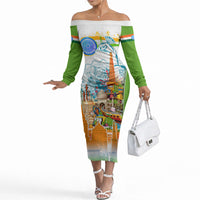 India Independence Day Off The Shoulder Long Sleeve Dress Indian Landmark Peacock Mandala Cultural Heritage