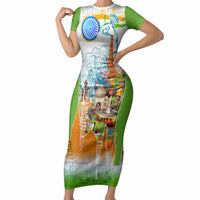 India Independence Day Short Sleeve Bodycon Dress Indian Landmark Peacock Mandala Cultural Heritage