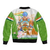 India Independence Day Sleeve Zip Bomber Jacket Indian Landmark Peacock Mandala Cultural Heritage