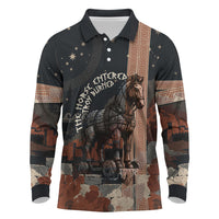 Trojan War Horse Entered Burned Long Sleeve Polo Shirt Greek Wooden Trojan Horse Spartan Warrior