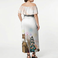La Merce Festival Barcelona Off Shoulder Maxi Dress Catalan Culture Sagrada Familia Castellers