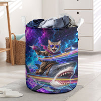 Cat Riding Shark In Space Laundry Basket Funny Cosmic Laser Cat And Shark Surreal Sci-Fi