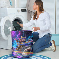 Cat Riding Shark In Space Laundry Basket Funny Cosmic Laser Cat And Shark Surreal Sci-Fi