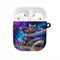 Cat Riding Shark In Space AirPods Case Funny Cosmic Laser Cat And Shark Surreal Sci-Fi