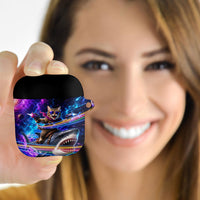 Cat Riding Shark In Space AirPods Case Funny Cosmic Laser Cat And Shark Surreal Sci-Fi