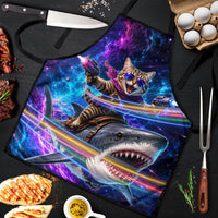 Cat Riding Shark In Space Apron Funny Cosmic Laser Cat And Shark Surreal Sci-Fi