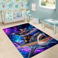 Cat Riding Shark In Space Area Rug Funny Cosmic Laser Cat And Shark Surreal Sci-Fi