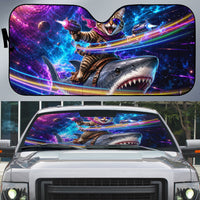 Cat Riding Shark In Space Auto Sun Shade Funny Cosmic Laser Cat And Shark Surreal Sci-Fi