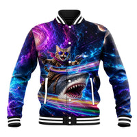 Cat Riding Shark In Space Baseball Jacket Funny Cosmic Laser Cat And Shark Surreal Sci-Fi