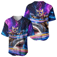 Cat Riding Shark In Space Baseball Jersey Funny Cosmic Laser Cat And Shark Surreal Sci-Fi