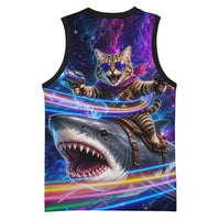 Cat Riding Shark In Space Basketball Jersey Funny Cosmic Laser Cat And Shark Surreal Sci-Fi
